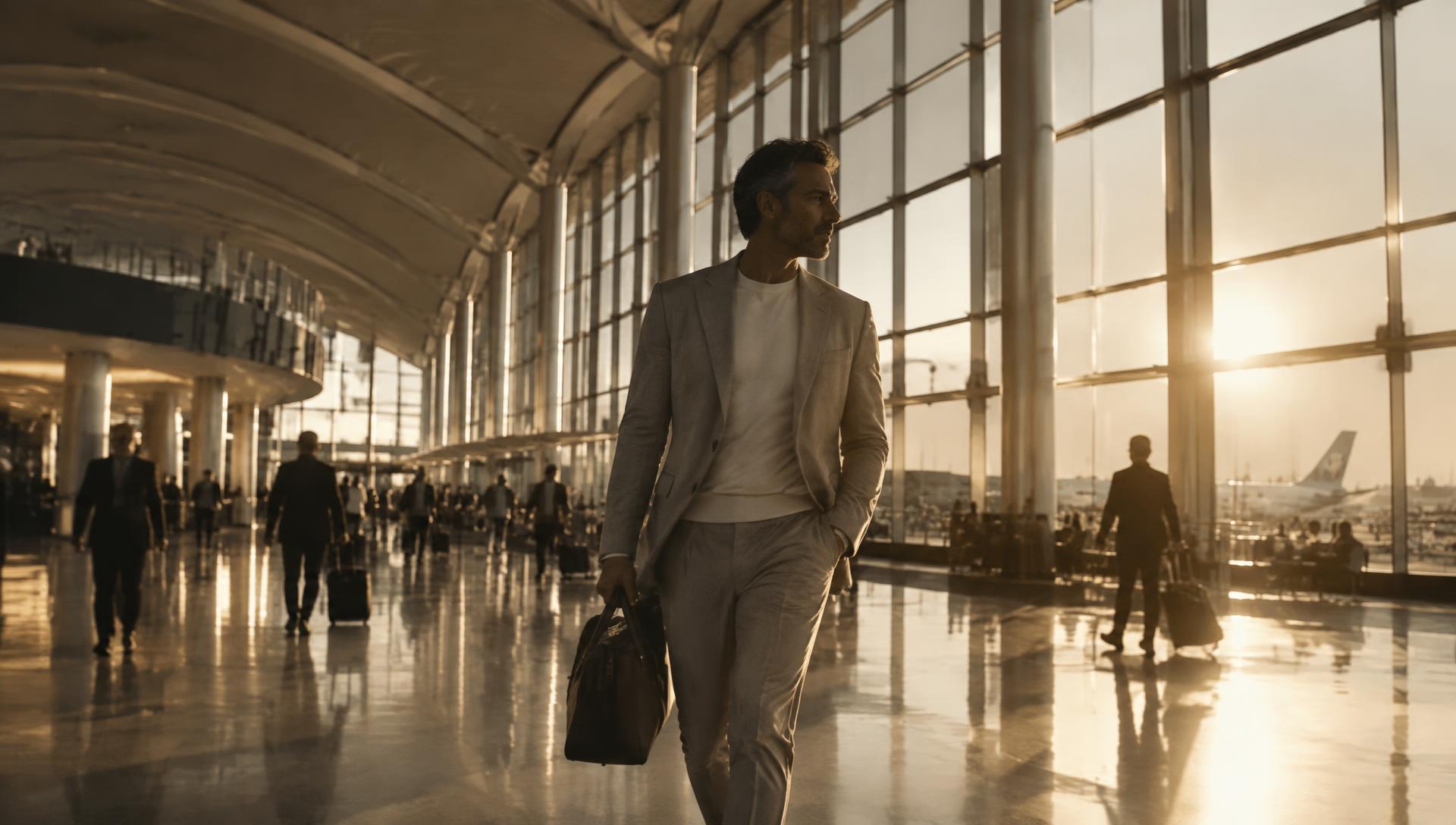 Executive moving through a modern airport terminal at dawn