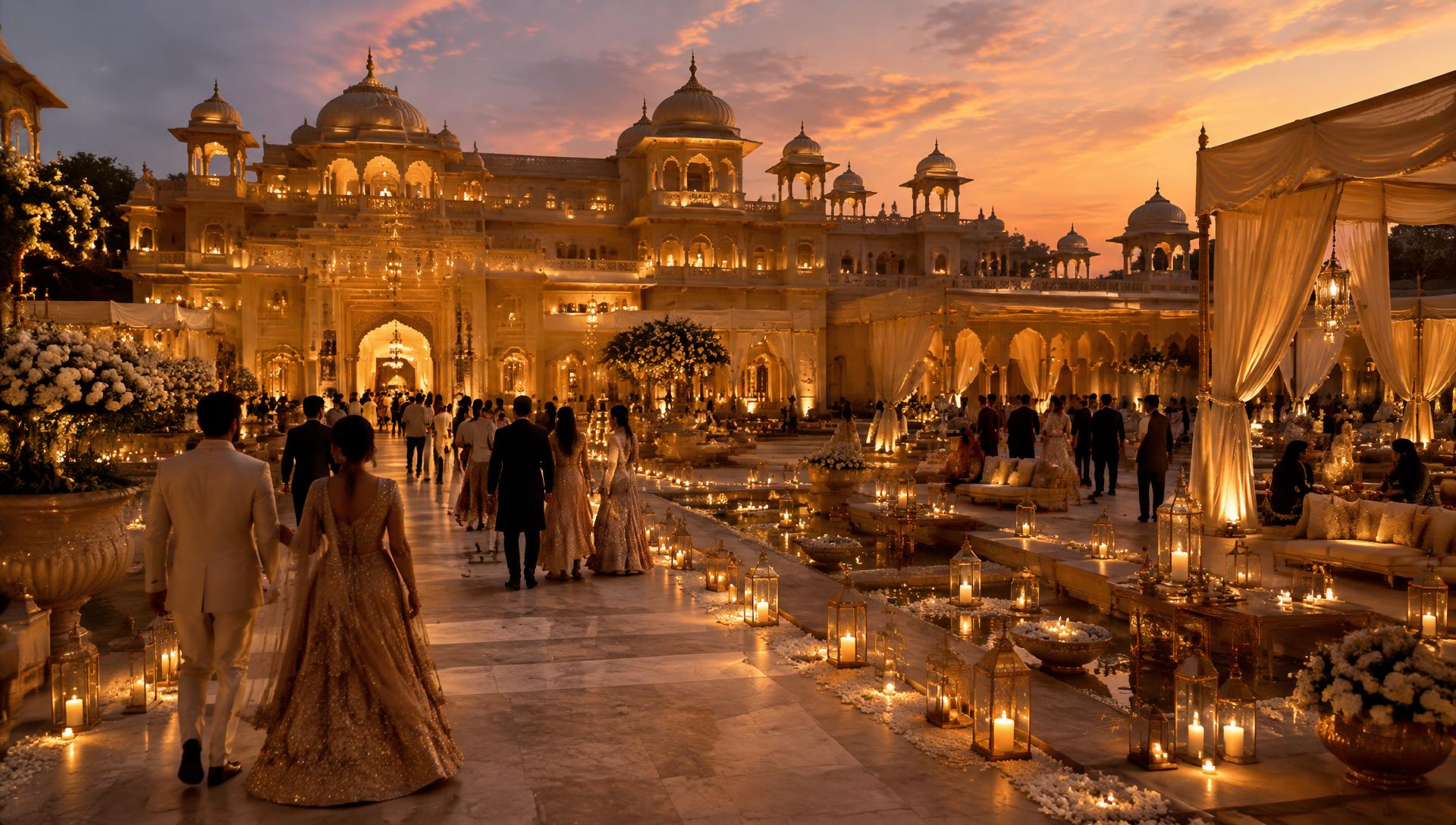 Palace courtyard lit for a destination wedding