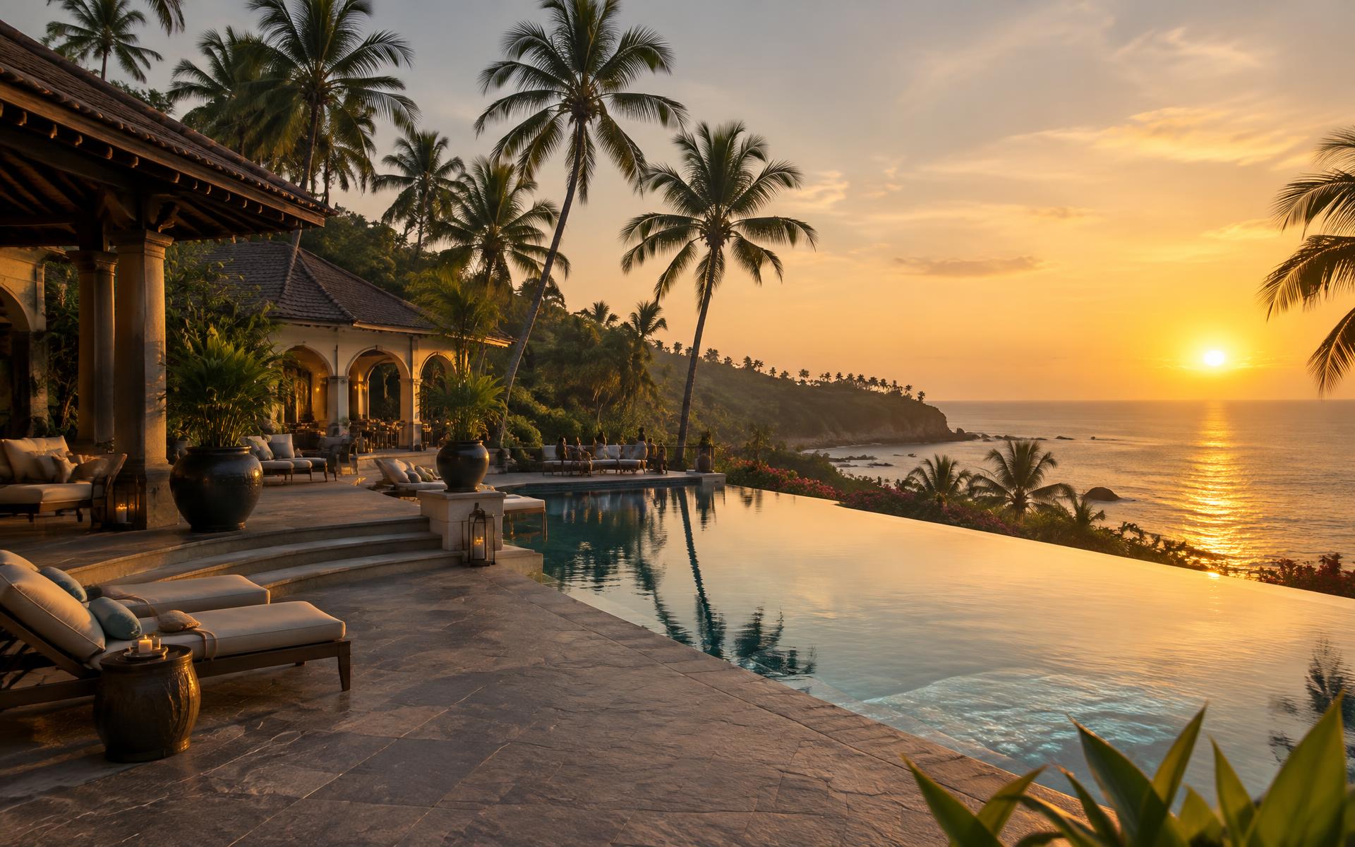Coastal resort and infinity pool at sunset