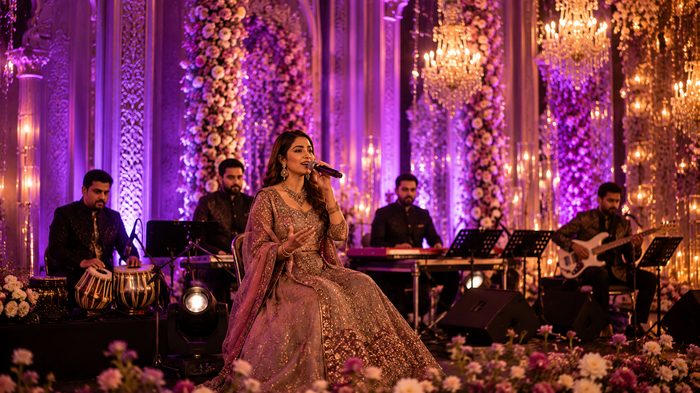 Performer on stage under concert lights