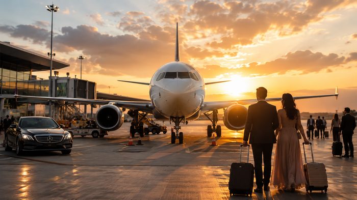 Aircraft on the tarmac at sunset