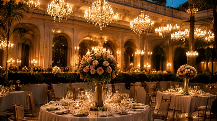 Grand banquet hall set for a wedding reception