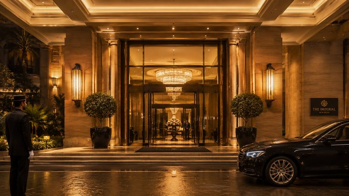 Luxury hotel entrance at night