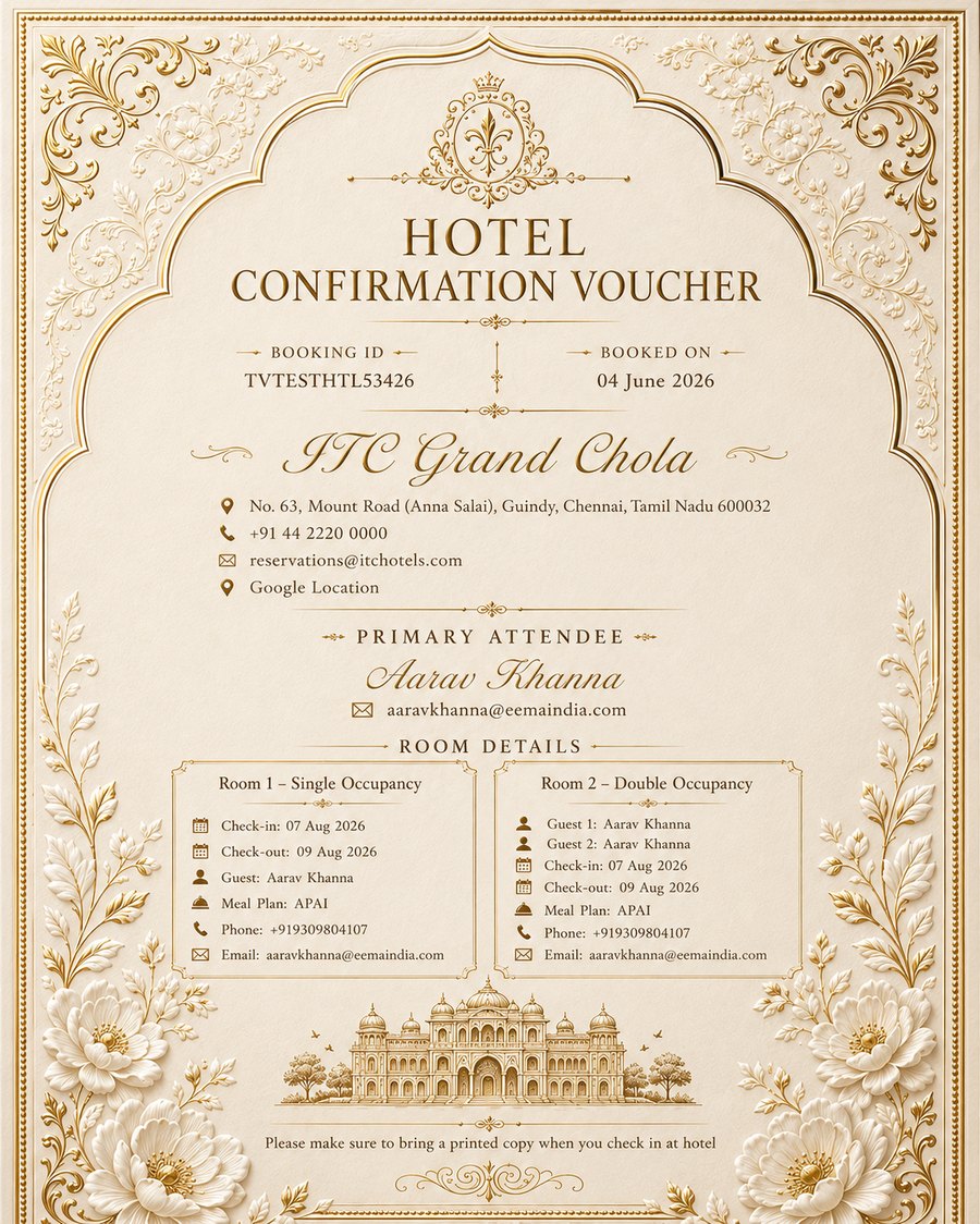 Hotel confirmation voucher — ITC Grand Chola, booking ID TVTESTHTL53426, booked on 04 June 2026