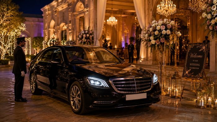 Black luxury sedan on a tree-lined avenue